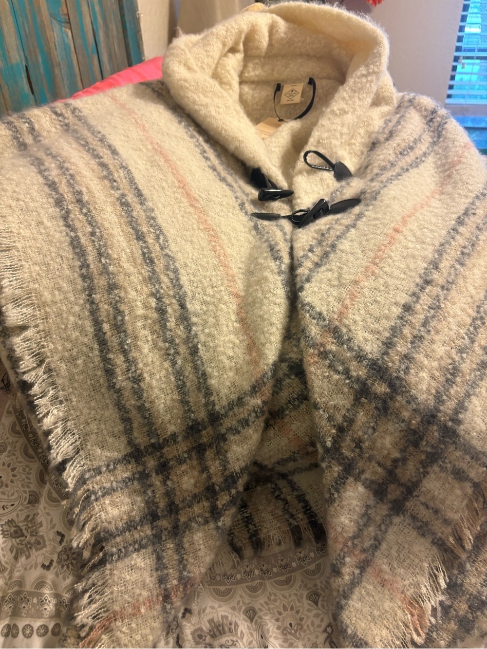 St. John's Bay Ivory Plaid Hooded Toggle Coat/wrap
